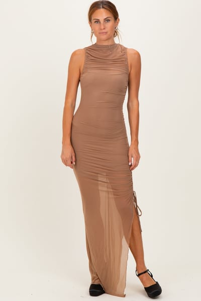 Blue Blush Mocha Mesh Ruched One Sleeve Maxi Dress