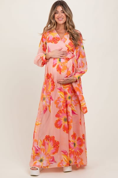 PinkBlush Peach Floral Chiffon Sash Tie Maternity Wrap Maxi Dress