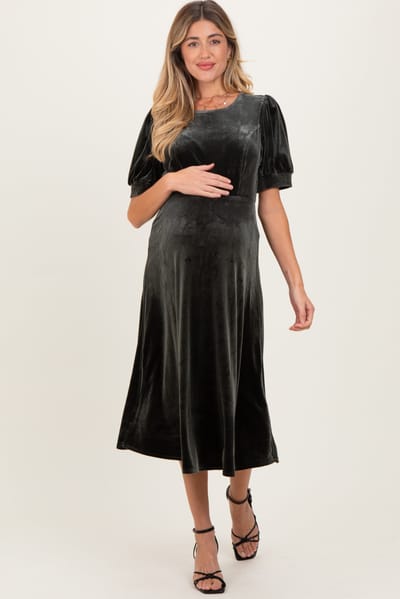 Tea N Rose Olive Velvet Short Sleeve Maternity Midi Dress