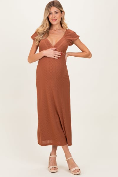 BaeVely Rust Floral Chiffon Maternity Midi Dress
