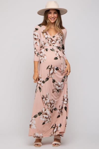 PinkBlush Light Pink Floral Wrap Maternity Maxi Dress