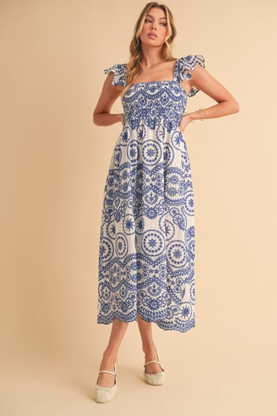 Aemi + Co Light Navy Embroidered Smocked Cutout Midi Dress
