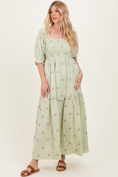 J.NNA Mint Floral Smocked Puff Sleeve Maxi Dress