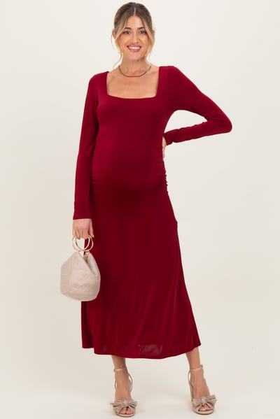 Gilli Burgundy Square Neck Long Sleeve Ruched Maternity Midi Dress