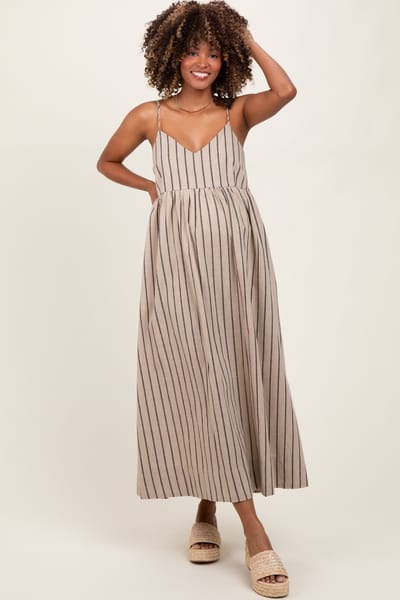 MIOU MUSE Beige Striped Linen Blend Maternity Maxi Dress