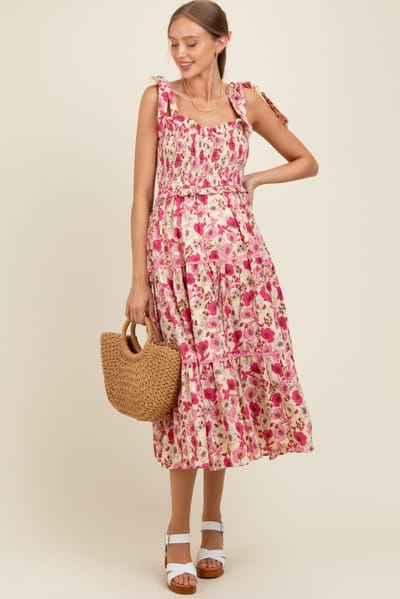 &merci Pink Floral Smocked Ruffled Lace Trim Maternity Midi Dress