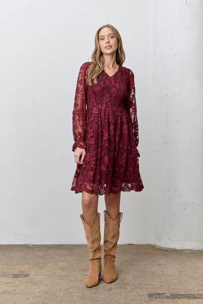 Polagram Burgundy Embroidered Lace Smocked Long Sleeve Dress