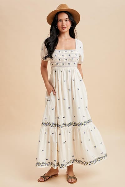 In Loom Buttercream Smocked Embroidered Floral Maxi Dress