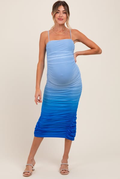 Privy Blue Mesh Ombre Ruched Maternity Midi Dress