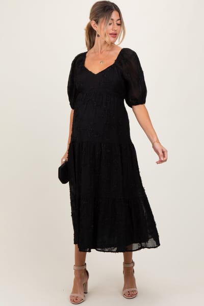 BaeVely Black Embroidered Floral Overlay Maternity Midi Dress