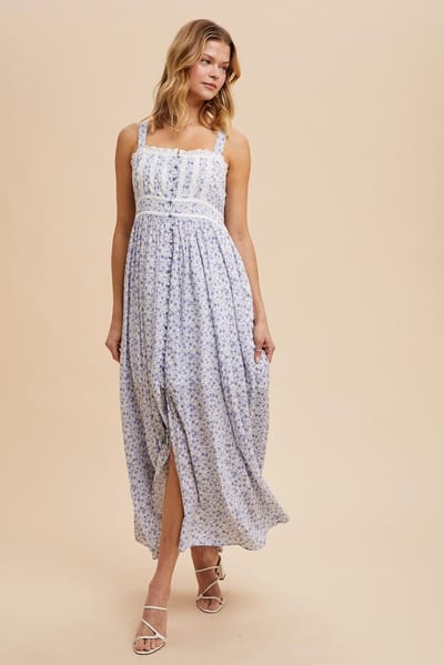 In Loom Light Blue Floral Button Down Sleeveless Maxi Dress