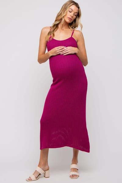 PinkBlush Magenta Open Knit Crochet Maternity Midi Dress