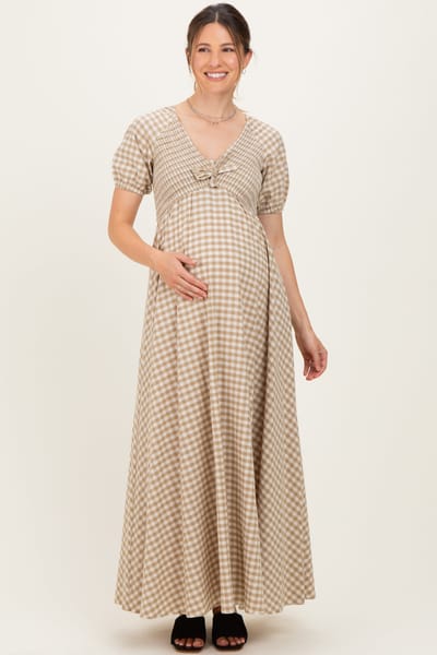 In Loom Beige Smocked Gingham Maternity Maxi Dress