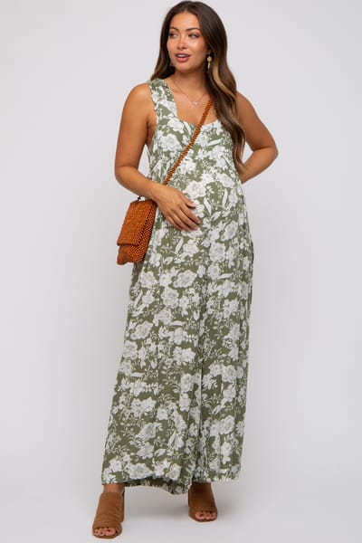 Elloh Light Olive Floral Ruffle Strap Maternity Jumpsuit