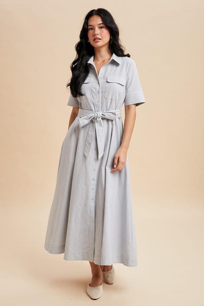 In Loom Light Blue Striped Cotton Button Down Maxi Dress