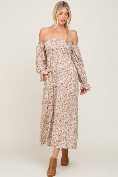 Elloh Taupe Floral Off Shoulder Long Sleeve Maxi Dress