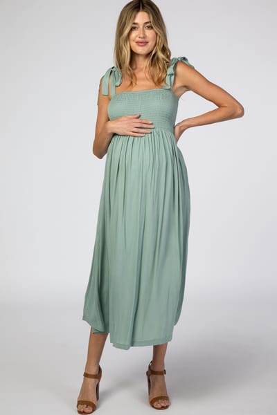 Hello Miz Mint Green Smocked Tie Strap Maternity Midi Dress