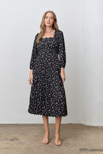 Polagram Black Floral Long Sleeve Midi Dress