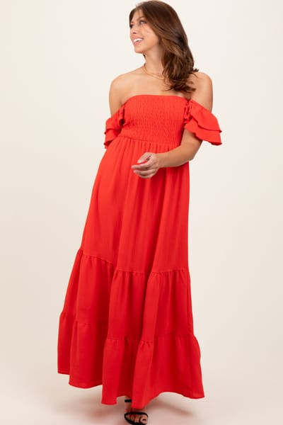 Ces Femme Red Smocked Ruffle Off Shoulder Tiered Maxi Dress