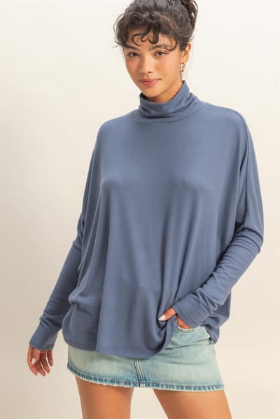 Hyfve Navy Draped Oversized Turtleneck Dolman Sleeve Top