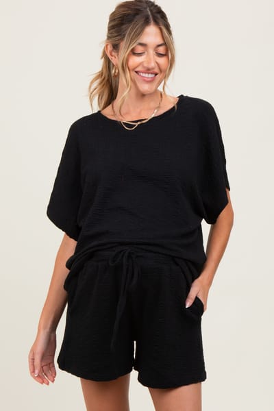 AnnieWear Black Textured Modal Knit Loose Fit Maternity Top & Shorts Set