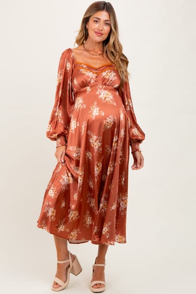 Flying Tomato Rust Satin Floral Bubble Sleeve Maternity Midi Dress