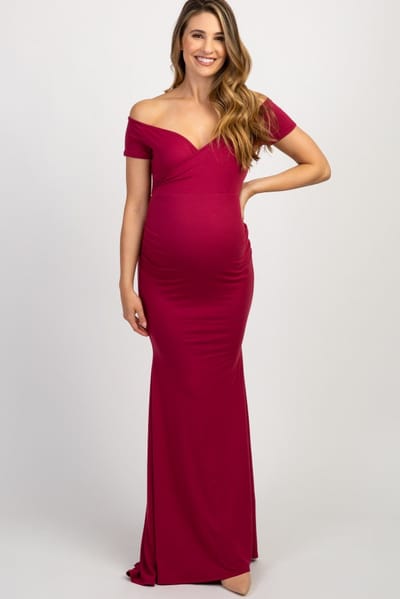 Rhea + Thea PinkBlush Burgundy Off Shoulder Wrap Maternity Photoshoot Gown/Dress