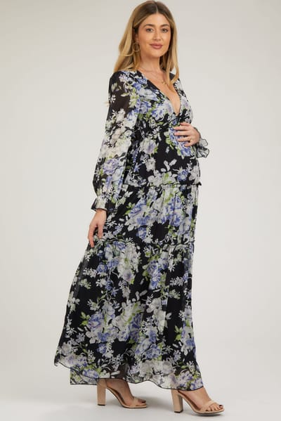 PinkBlush Black Floral Chiffon Deep V Ruffle Tiered Maternity Maxi Dress