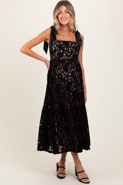 PinkBlush Black Velvet Lace Shoulder Bow Maternity Maxi Dress