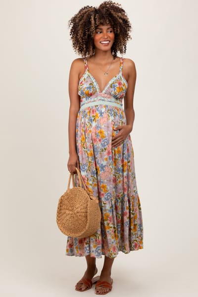 Angie Muticolor Floral Double Strap Lace Trim Maternity Midi Dress