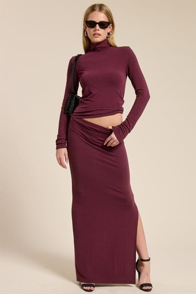 Mimosa Burgundy Turtleneck Top Maxi Skirt Set