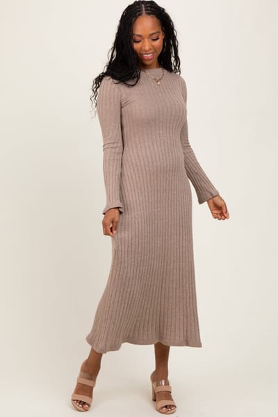 Promesa Light Mocha Ribbed Knit Midi Sweater Dress