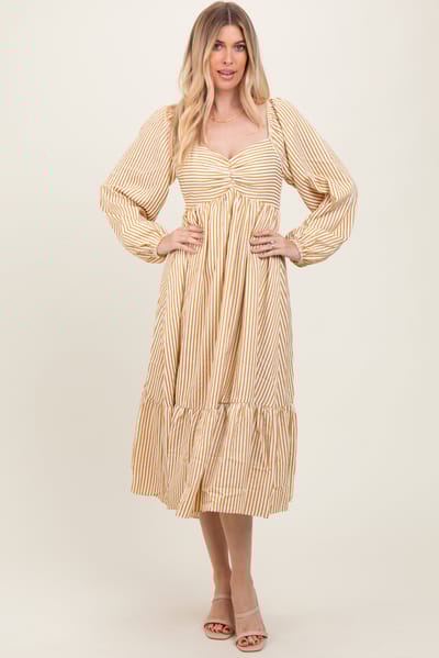 In February Yellow Striped Ruched Bodice Balloon Sleeved Midi Dress