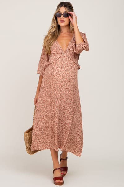 Lush Clothing Rust Floral Ruffle V-Neck Maternity Midi Dress