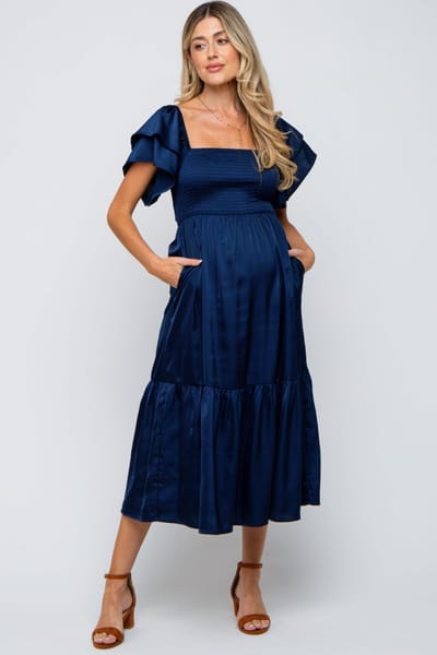PinkBlush Navy Satin Flutter Sleeve Maternity Midi Dress