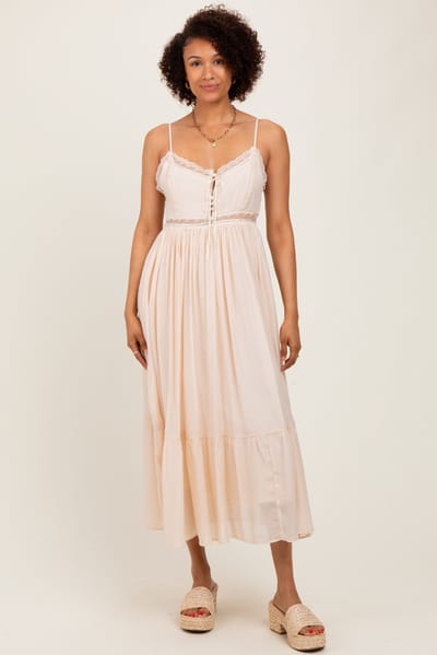 Lush Clothing Cream Lace Detail Button Front Sleeveless Midi Dress