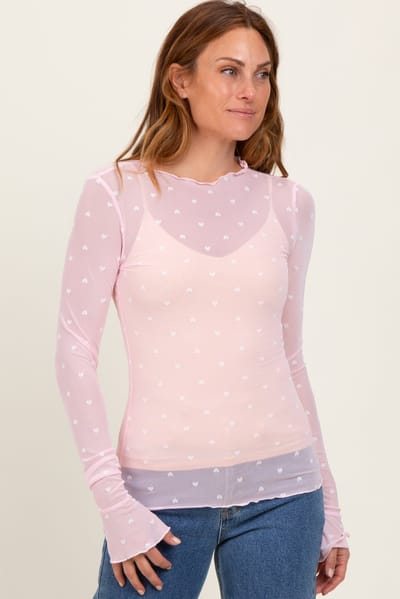 Sweet Generis Light Pink Mesh Heart High Neck Long Sleeve Top