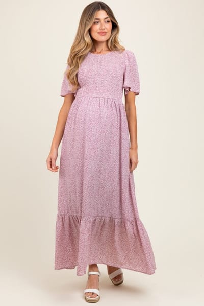 PinkBlush Mauve Floral Smocked Maternity Midi Dress