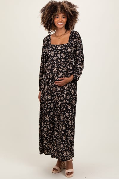 Final Touch Black Floral Square Neck Long Sleeve Maternity Maxi Dress