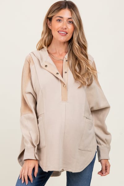 Aemi + Co Beige Corduroy Contrast Oversized Maternity Hoodie