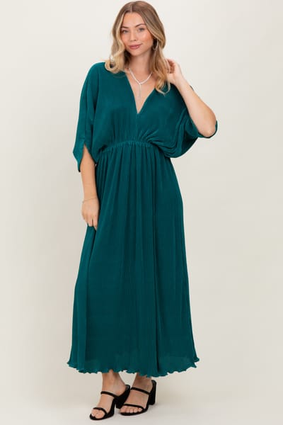 Dress Day Forest Green Pleated Satin Dolman Sleeve Maxi Dress