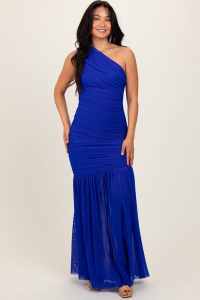Cameo Royal Blue Ruched Mesh One Shoulder Maxi Dress