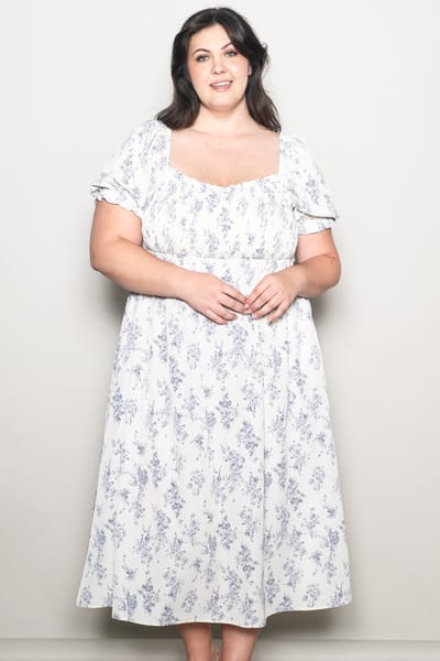 Elloh Ivory Floral Smocked Sweetheart Neckline Plus Midi Dress