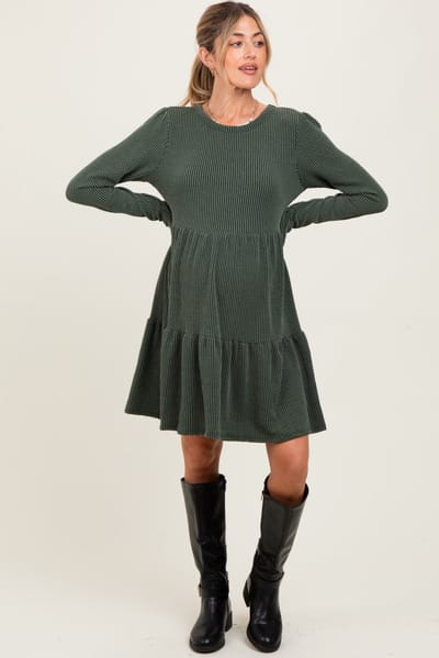 PinkBlush Olive Textured Rib Tiered Long Sleeve Maternity Dress