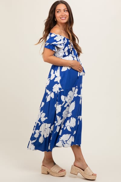 PinkBlush Royal Floral Smocked Knotted Top Maternity Maxi Dress