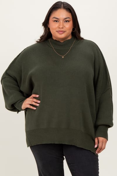 Zenana Outfitters Olive Mock Neck Exposed Seam Sweater