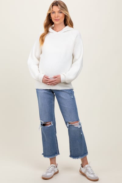 Vervet Blue Open Knee Fringe Hem Cropped Wide Leg Maternity Jeans