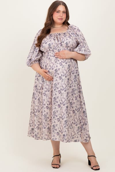 Polagram Light Pink Floral Puff Sleeve Smocked Waist Maternity Plus Midi Dress