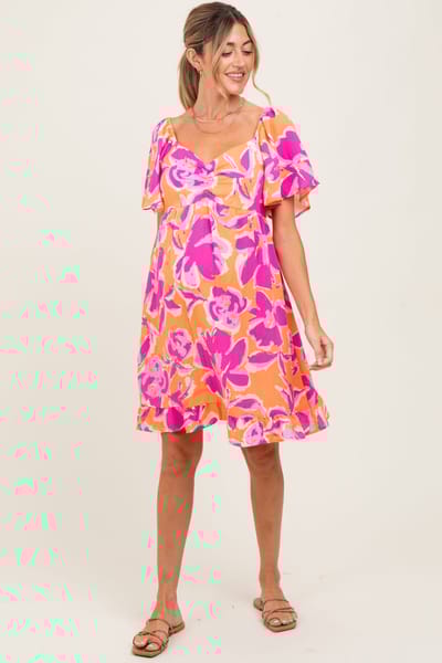 PinkBlush Orange Abstract Floral Cinch Bust Maternity Dress