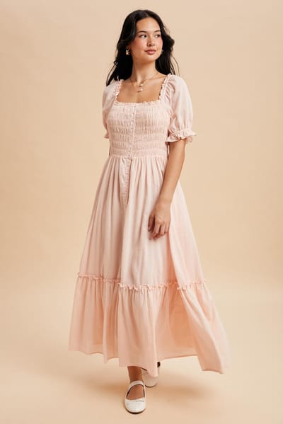 In Loom Light Pink Smocked Button Down Maxi Dress